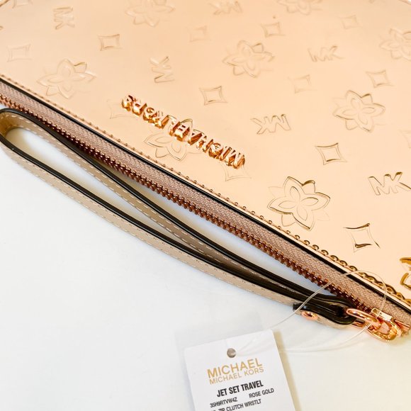 Michael Kors Jet Set Travel XL Clutch Wristlet Mirror Metallic MK Rose Gold - Picture 5 of 6